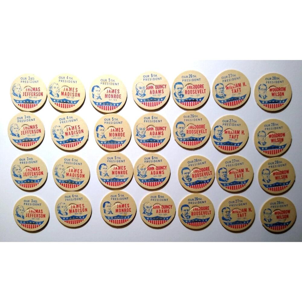 Lot Of 28 Vintage US President Milk Bottle Caps 7 Different Patriotic Jefferson
